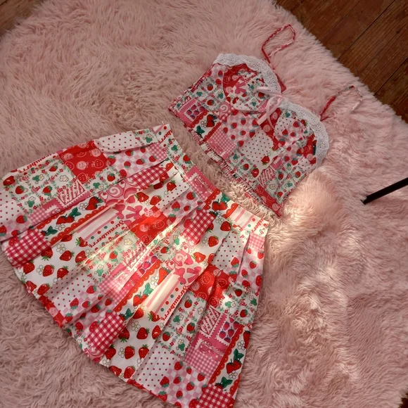⭐HOST PICK 🍓 Strawberry kawaii cropped top w/pleated skirt set! 😍 lace trim - Picture 7 of 12
